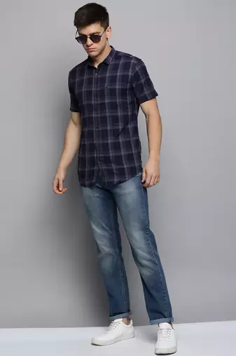 Showoff men's short sleeves tartan checks navy blue shirt