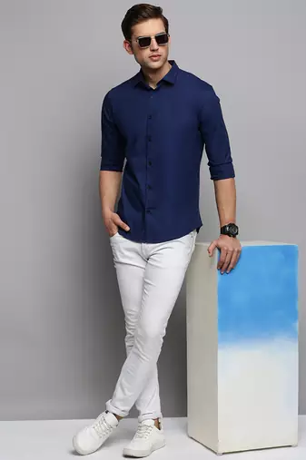 men's long sleeves solid navy blue shirt