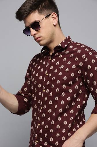 men's long sleeves abstract coffee brown shirt