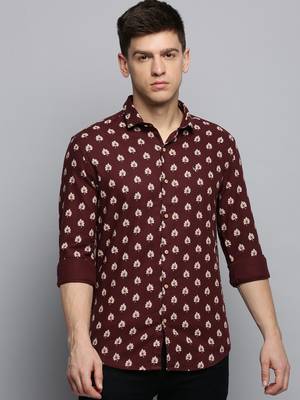 men's long sleeves abstract coffee brown shirt 2