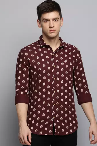 men's long sleeves abstract coffee brown shirt
