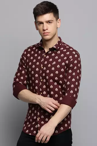 men's long sleeves abstract coffee brown shirt