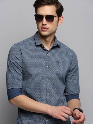 men's long sleeves geometric navy blue shirt 1