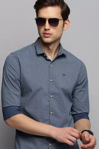 men's long sleeves geometric navy blue shirt
