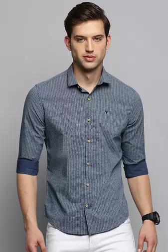men's long sleeves geometric navy blue shirt