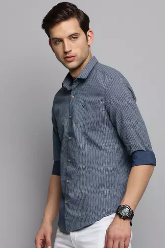men's long sleeves geometric navy blue shirt