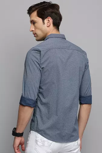 men's long sleeves geometric navy blue shirt