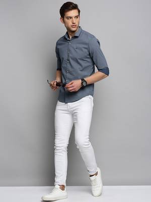 men's long sleeves geometric navy blue shirt 5