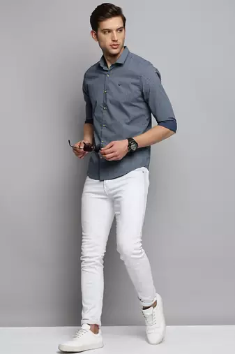 men's long sleeves geometric navy blue shirt