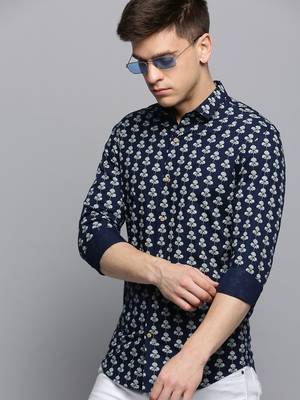 men's long sleeves floral navy blue shirt 1