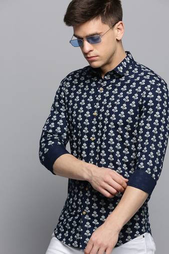 men's long sleeves floral navy blue shirt