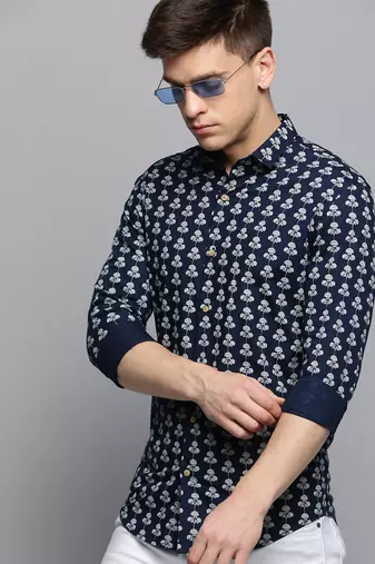 men's long sleeves floral navy blue shirt