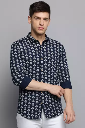 men's long sleeves floral navy blue shirt