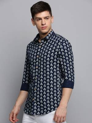 men's long sleeves floral navy blue shirt 3