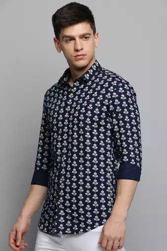 men's long sleeves floral navy blue shirt