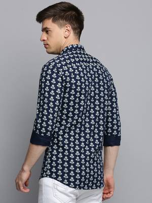 men's long sleeves floral navy blue shirt 4