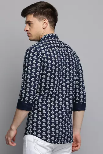 men's long sleeves floral navy blue shirt