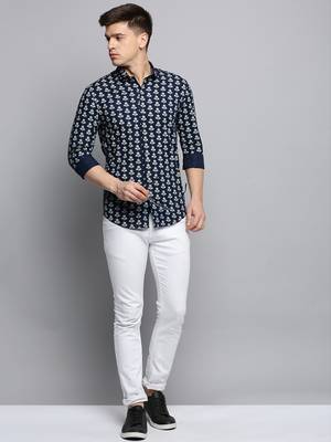 men's long sleeves floral navy blue shirt 5