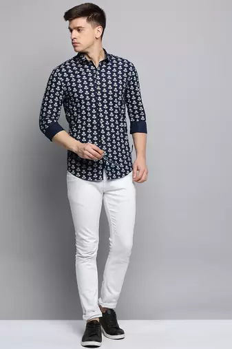 men's long sleeves floral navy blue shirt