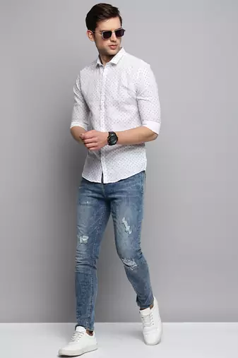 men's long sleeves micro ditsy white shirt