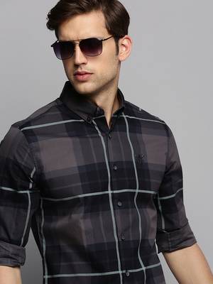 Showoff men's long sleeves tartan checks navy blue shirt 1