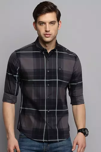 Showoff men's long sleeves tartan checks navy blue shirt