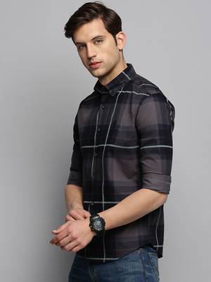 Showoff men's long sleeves tartan checks navy blue shirt 3