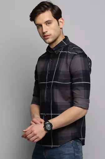 Showoff men's long sleeves tartan checks navy blue shirt