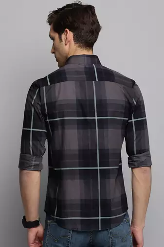 Showoff men's long sleeves tartan checks navy blue shirt
