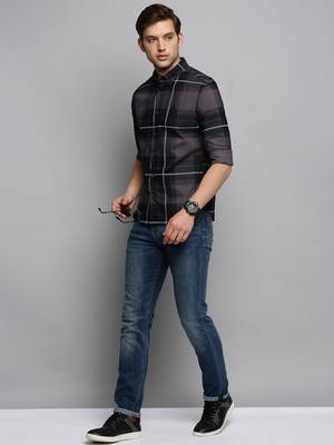 Showoff men's long sleeves tartan checks navy blue shirt 5