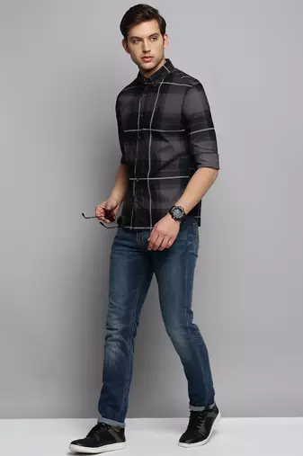 Showoff men's long sleeves tartan checks navy blue shirt