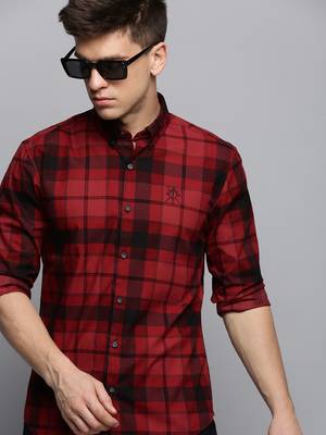 men's long sleeves tartan checks maroon shirt 1
