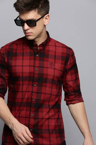 men's long sleeves tartan checks maroon shirt