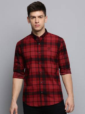men's long sleeves tartan checks maroon shirt 2