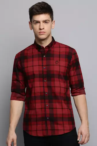 men's long sleeves tartan checks maroon shirt