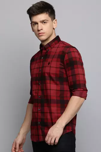 men's long sleeves tartan checks maroon shirt