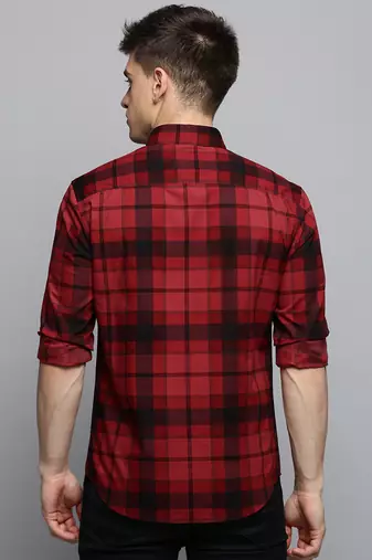 men's long sleeves tartan checks maroon shirt