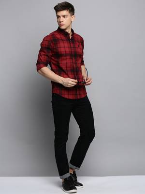 men's long sleeves tartan checks maroon shirt 5
