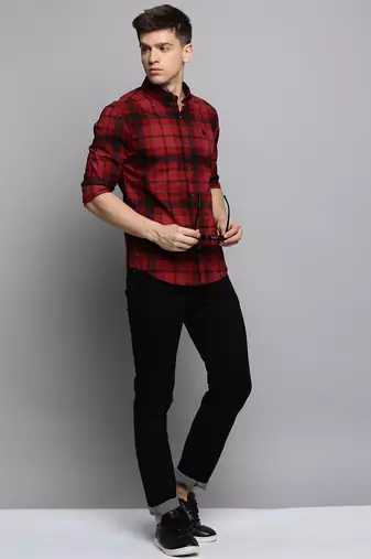 men's long sleeves tartan checks maroon shirt
