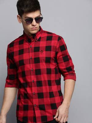 Showoff men's long sleeves tartan checks red shirt 1