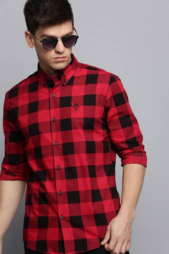 Showoff men's long sleeves tartan checks red shirt
