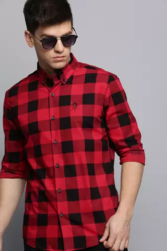 Showoff men's long sleeves tartan checks red shirt
