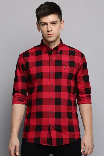 Showoff men's long sleeves tartan checks red shirt