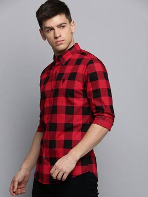 Showoff men's long sleeves tartan checks red shirt 3