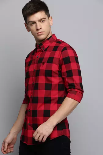 Showoff men's long sleeves tartan checks red shirt