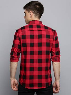 Showoff men's long sleeves tartan checks red shirt 4