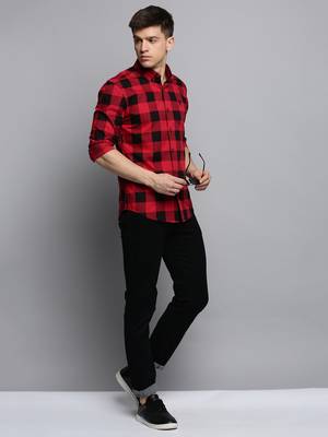 Showoff men's long sleeves tartan checks red shirt 5