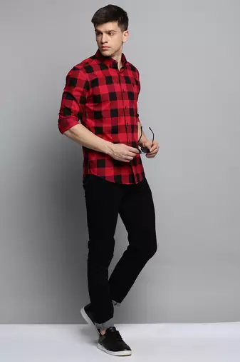 Showoff men's long sleeves tartan checks red shirt