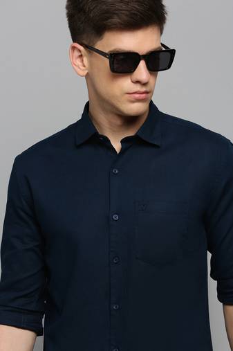 men's long sleeves solid navy blue shirt