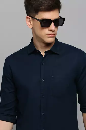 men's long sleeves solid navy blue shirt